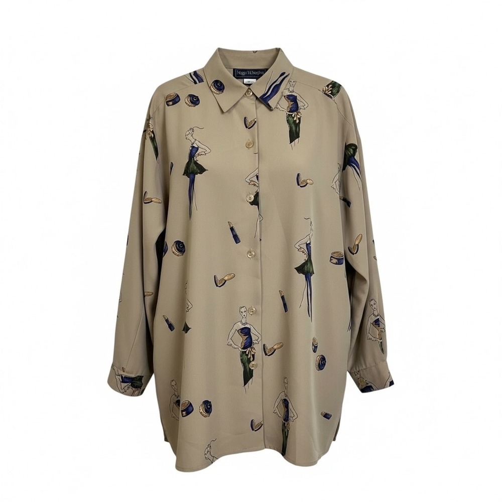 Maggie McNaughton 16W Tan Print Button Up Long Sleeve Collared Blouse Fashion
